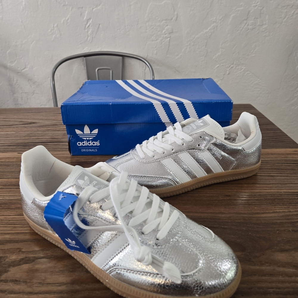 adidas Silver Metallic Leather Sneakers with Gum Sole - Picture 3 of 12
